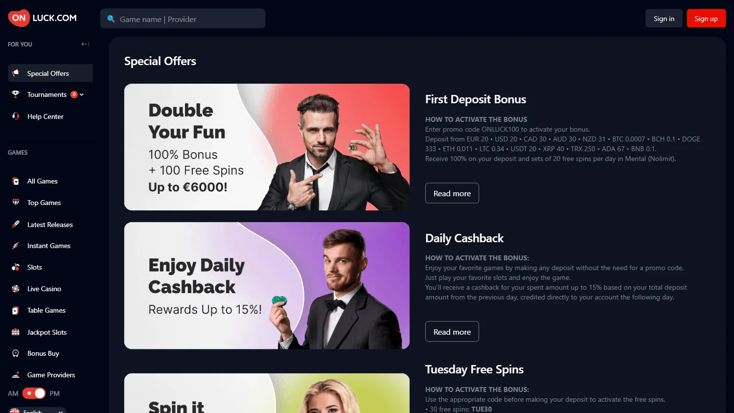 Onluck Casino promotions screen on a desktop device