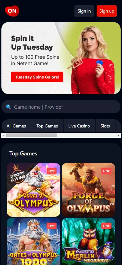 Onluck Casino home screen on a mobile device