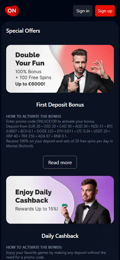 Onluck Casino promotions screen on a mobile device